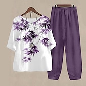 abordables Ensembles deux pièces-Ensemble 2 pièces féminin basique chemise pantalons pantalons demi-manches col rond imprimé floral lin-like vacances week-end vert armée bleu violet automne et hiver ajustement régulier