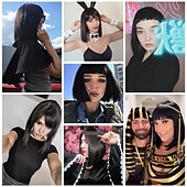 baratos Perucas de festa-Peruca Preta Bob com Franja Curta Preta para Mulheres Peruca Bob Lisa Resistente ao Calor Peruca Sintética Mia Wallace Cleopatra Cospaly Uso Diário Festa 12 Perucas de Halloween