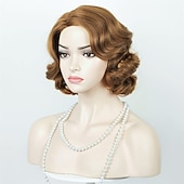 tanie Peruki historyczne-Brązowa falista peruka flapper z lat 1920 peruka vintage palcowa boczny przedział fala z lat 1960 falista peruka kostiumowa peruka (tylko peruki) na Halloween