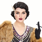 billige Historiske parykker-Lang 1920-talls parykk fingerbølger parykk krøllete kort parykk vintage parykker kvinner dame syntetisk varmebestandig full parykk cosplay kostyme festdrakt med parykk hette Halloween-parykker