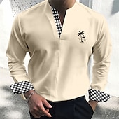 preiswerte Businesshemden für Herren-Herren Kokosnussbaum Plaid / Karomuster Tropische Pflanzen Hemd Hawaiihemd Sommerhemd Langarm Hemd V Ausschnitt Modisch Strassenmode Designer Outdoor Strasse Casual Weiß Blau Grün S M L