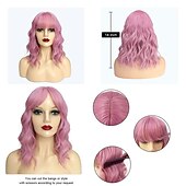 baratos Perucas de festa-Peruca Rosa com Franja de Ar 12 Polegadas Curta Cacheada Ondulada Resistente ao Calor Peruca Bob Feminina Cosplay Festa Comprimento do Ombro para Meninas Uso Diário Peruca Cacheada Com Cores Naturais