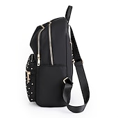 abordables Sacs à Dos de Mode-Sac à dos en nylon matelassé noir pour femme avec fermetures éclair dorées et poche avant cloutée – sac léger et élégant pour l&#039;école, le travail ou un usage quotidien
