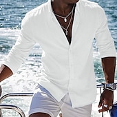 cheap Vacation-Men&#039;s Shirt Linen Shirt Summer Shirt Beach Shirt Plain Vacation Curise Black White Pink Blue Long Sleeve Lapel Spring &amp; Summer Clothing Apparel Basic