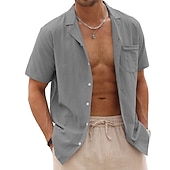 ieftine Business Casual-Bărbați cămașă de in Cămașă de vară Cămașă de plajă Camașă cu nasturi Simplu Vacanță Hawaiian Negru Alb Roz Îmbujorat Albastru piscină Manșon scurt Rever Primavara vara Îmbrăcăminte De Bază