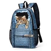cheap Printed Backpacks-3D Cat Print Denim Backpack for Kids – Cute Animal School Bag with Large Capacity and Fun Design for Boys and Girls
