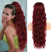 cheap Ponytails-Long Auburn Red Drawstring Ponytail Extension for Women 24 Inch Synthetic Long Curly Wavy Clip in Ponytail Hair Extensions for Daily Party Use
