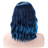 cheap Party Wigs-Blue Wig Short Curly Mix Blue Bob Wig for Women Girls Beach Wave Cosplay Costume Party Halloween Wigs