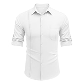 cheap Vacation-Men's Shirt Guayabera Shirt Linen Shirt Button Up Shirt Summer Shirt Beach Shirt Black White Navy Blue Long Sleeve Plain Turndown Spring &amp; Summer Casual Daily Clothing Apparel Patchwork