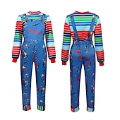 olcso Férfi jelmezek-szett Chucky jelmez jumpsuit környakú pulóver narancssárga paróka 3 db film tv téma Chucky cosplay jelmez ruhák felnőtteknek gyerekek unisex férfiak nők fiúk lányok ijesztő babák cosplay jelmez