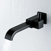 abordables Robinets de lavabo-Robinet de lavabo utilitaire moderne noir chromé, bec long à montage mural, robinet de lavabo à un trou avec tuyaux d&#039;eau chaude et froide, robinet commercial de remplissage de pot de baignoire à