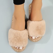 cheap Women's Slippers &amp; Flip-Flops-Women's Plush Fuzzy Open-Toe Slippers – Cozy Indoor Home Shoes with Soft Faux Fur for Winter Comfort