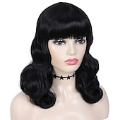 abordables Perruques historiques-Perruques vintage pour femmes courte perruque noire avec franges mi-longue résistante à la chaleur perruques bouclées courtes pour cosplay et usage quotidien perruques Halloween