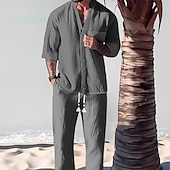 abordables Conjuntos de camisas básicas para hombre-Hombre 2 Piezas Conjunto de camisa conjunto de verano Conjuntos a juego Camisa casual Negro Blanco Gris Azul claro Manga Corta Plano Cuello Mao Vacaciones Diario Bolsillo delantero Ropa Algodón