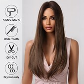 economico Parrucche trendy sintetiche-parrucche castane per donna parrucca sintetica a strati lunghi e lisci capelli naturali parte centrale