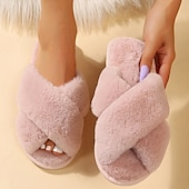 billiga Inneskor och flip-flops till damer-Mysig rosa fuskpäls damtofflor - mjuk och mjuk korsbandsstil, perfekt för avkoppling hemma och vardagskläder inomhus