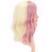 baratos Perucas de festa-Peruca Curta Loiro com Mechas Rosas Perucas com Franja Peruca Bob Cacheada e Ondulada Sintética com Comprimento até os Ombros para Meninas Fantasias de Halloween e Festas de Cosplay