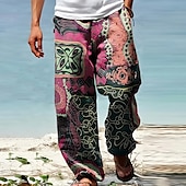 Men's Trousers Summer Pants Beach Pants Drawstring Elastic Waist 3D Print Graphic Prints Flower / Floral Comfort Casual Daily Holiday Streetwear Hawaiian Yellow Red 7