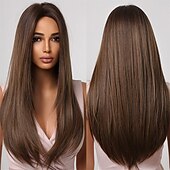 economico Parrucche trendy sintetiche-parrucche castane per donna parrucca sintetica a strati lunghi e lisci capelli naturali parte centrale