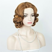 tanie Peruki historyczne-Brązowa falista peruka flapper z lat 1920 peruka vintage palcowa boczny przedział fala z lat 1960 falista peruka kostiumowa peruka (tylko peruki) na Halloween