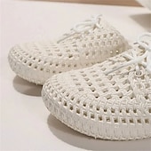 abordables Chaussures sans lacet et mocassins femme-Chaussures mocassins à enfiler tissées pour femmes – chaussures plates respirantes à lacets pour les promenades sur la plage, les travaux de jardinage et les tenues d&#039;été décontractées