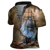 olcso Vintage&amp;amp;Retro-Férfi Grafika Hajó Henley ing Rövid ujjú 3D nyomtatás Divat Alkalmi Kényelmes Szabadtéri Napi Alkalmi Nyár Sötétbarna Arcpír rózsaszín Rubin Sötétkék Medence Henley Henley póló