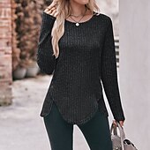preiswerte Damen Einfache Oberteile-Damen T Shirt Burgunderrotes T-Shirt Glatt Basic Langarm Rundhalsausschnitt Normale Oberteile Täglich Wochenende Schwarz Wein Blau Grün Grau Herbst Winter