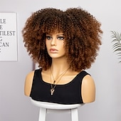 baratos Perucas de festa-perucas afro curtas e cacheadas com franja para mulheres negras perucas afro marrom crespo e cacheado para mulheres negras perucas sintéticas resistentes ao calor perucas marrons fofas perucas de