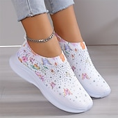 voordelige Damessneakers-Witte slip-on damessneakers met bloemenprint en strass-steentjes voor vrijetijdskleding