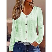 economico Top in Pizzo-Top in pizzo bianco elegante da donna con ricami blusa elegante top alla moda con bottoni di base a maniche lunghe top regolari colletto a V casual top romantici petite per le vacanze abbigliamento