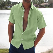 billiga Semester-Herr linneskjorta Sommarskjorta Standkläder Knapp upp skjorta Ensfärgat Semester Curise Svart Vit Rosa Blå Kortärmad Nedvikt Sommar Kläder Button-Down