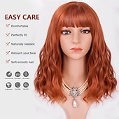 baratos Perucas de Carnaval-Perucas Laranja Vermelha para Mulheres Curta Ondulada Bob com Franja Peruca Cacheada Ruiva Comprimento até o Ombro Cabelo Vermelho Cobre 14 Polegadas Peruca Sintética Colorida para Cosplay Uso Diário
