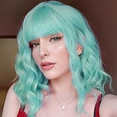 baratos Perucas de Carnaval-Perucas Laranja Vermelha para Mulheres Curta Ondulada Bob com Franja Peruca Cacheada Ruiva Comprimento até o Ombro Cabelo Vermelho Cobre 14 Polegadas Peruca Sintética Colorida para Cosplay Uso Diário