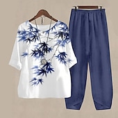 abordables Ensembles deux pièces-Ensemble 2 pièces féminin basique chemise pantalons pantalons demi-manches col rond imprimé floral lin-like vacances week-end vert armée bleu violet automne et hiver ajustement régulier