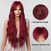 economico Parrucche trendy sintetiche-parrucche rosse per donna cosplay lunga parrucca di capelli sintetici ondulati naturali con frangia