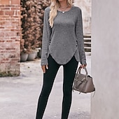 preiswerte Damen Einfache Oberteile-Damen T Shirt Burgunderrotes T-Shirt Glatt Basic Langarm Rundhalsausschnitt Normale Oberteile Täglich Wochenende Schwarz Wein Blau Grün Grau Herbst Winter