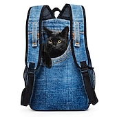 cheap Printed Backpacks-3D Cat Print Denim Backpack for Kids – Cute Animal School Bag with Large Capacity and Fun Design for Boys and Girls