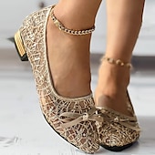 billige Flate sko til kvinner-Dame Flate sko Store størrelser Sparkly Sandaler Komfort Sko utendørs Daglig Helfarge Sommer Sløyfe Blonder Tykk hæl Spisstå Elegant Fritid PU Tøfler Sølv Gull