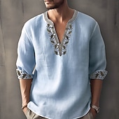 cheap Ethnic Pattern-Men&#039;s Ethnic Shirt Linen Shirt Long Sleeve Fashion Streetwear Designer Outdoor Daily Going out Spring &amp; Summer Stand Collar Print Yellow Light Green Pink Red Navy Blue