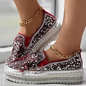 abordables Zapatillas de mujer-Zapatillas sin cordones con brillantes diamantes de imitación para mujer: mocasines con plataforma y lazo con purpurina para fiestas, ropa informal y de calle
