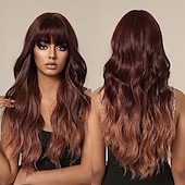 economico Parrucche trendy sintetiche-parrucche ondulate rosse lunghe ombre rosa per le donne parrucche ricci rosa nere con frangia parrucca cosplay radici scure parrucche sintetiche senza colla per l&#039;uso quotidiano delle feste