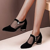 cheap Ankle Boots-Women&#039;s Mesh Panel Chunky Heel Dress Shoes - Elegant Black Formal Pumps with Zipper and Ring Detail