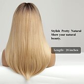 economico Parrucche trendy sintetiche-parrucca bionda ombre lunga dritta con frangia radice scura capelli lunghi con frangia aspetto naturale parrucca sintetica resistente al calore festa di gioco quotidiana adatta a donne alla moda 20