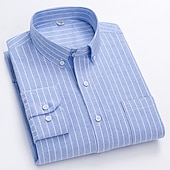 cheap Men&#039;s Oxford Shirts-Men&#039;s Dress Shirt Striped Shirt Button Down Shirt Non Iron Shirt Oxford Shirt Plaid / Striped / Chevron / Round Wedding Office &amp; Career Light Blue White Dark Navy Navy Blue Long Sleeve Shirt Collar