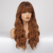 baratos Perucas Sintéticas sem Touca-peruca ombre ruiva com franja peruca longa encaracolada com franja peruca laranja aparência natural peruca sintética resistente ao calor adequada para mulheres da moda