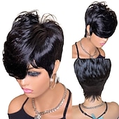 baratos Perucas capless de cabelo natural-peruca bob de onda curta cabelo humano corte pixie peruca para mulheres peruca dianteira rendada com franja ondas em camadas peruca completa feita à máquina 1b cor