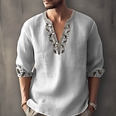 cheap Ethnic Pattern-Men&#039;s Ethnic Shirt Linen Shirt Long Sleeve Fashion Streetwear Designer Outdoor Daily Going out Spring &amp; Summer Stand Collar Print Yellow Light Green Pink Red Navy Blue
