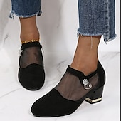 cheap Ankle Boots-Women&#039;s Mesh Panel Chunky Heel Dress Shoes - Elegant Black Formal Pumps with Zipper and Ring Detail