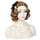 baratos Perucas Históricas-Peruca de Flapper dos Anos 1920 Cacheada com Faixa Peruca Vintage Cacheada dos Anos 20 Cabelo de Fantasia Halloween
