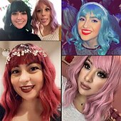 baratos Perucas de festa-Peruca Rosa com Franja de Ar 12 Polegadas Curta Cacheada Ondulada Resistente ao Calor Peruca Bob Feminina Cosplay Festa Comprimento do Ombro para Meninas Uso Diário Peruca Cacheada Com Cores Naturais